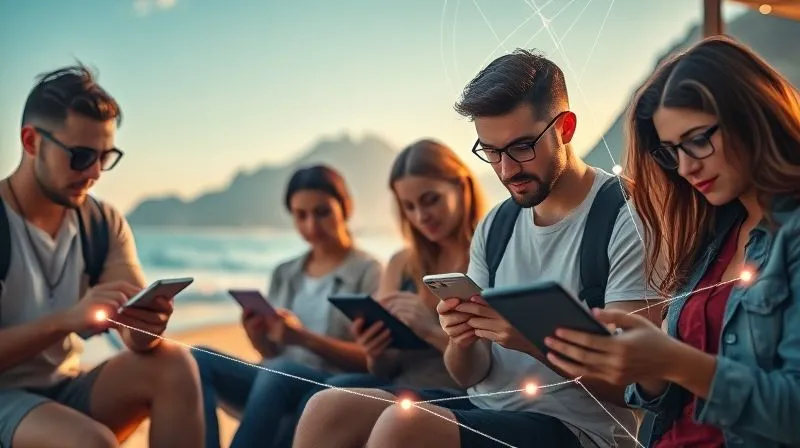 A photorealistic image of a diverse group of digital nomads, each in a different location (beach, mountain, cafe), all looking at their devices, but connected by glowing lines forming a network. The image should convey global connection and flexible learning. Cinematic lighting, sharp focus on the individuals and the network, with a soft depth of field. 8K hyper-detailed, professional photography.
