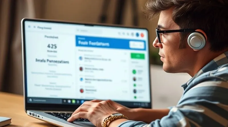 A photorealistic image of a digital nomad sitting at a laptop, receiving constructive feedback on their screen. The screen shows a well-designed dashboard with progress indicators and personalized comments. The nomad has a thoughtful, engaged expression. Cinematic lighting, sharp focus on the screen and nomad's face, with a soft depth of field. 8K hyper-detailed, professional photography.