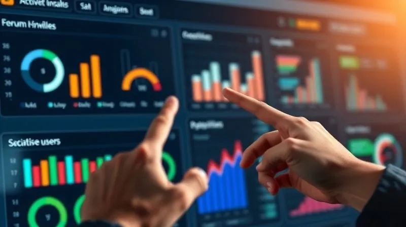 A photorealistic image of a data dashboard displaying various KPIs related to e-learning retention and engagement (e.g., completion rates, active users, forum participation). The dashboard is clean, modern, and visually appealing, with charts and graphs. A hand points to a positive trend. Cinematic lighting, sharp focus on the dashboard, with a subtle depth of field. 8K hyper-detailed, professional photography.
