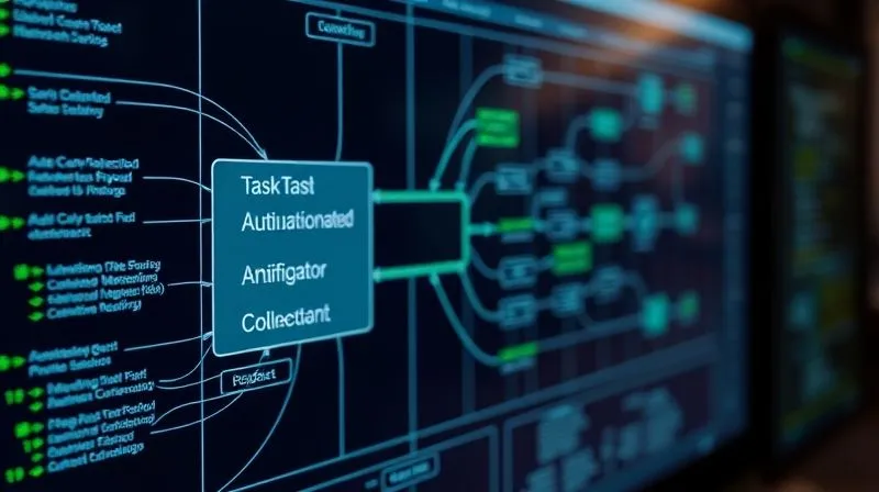 A photorealistic, professional photography of a complex workflow diagram on a digital screen, with lines and arrows connecting various tasks, some highlighted in green indicating automated steps. Cinematic lighting, sharp focus on the central part of the diagram, depth of field blurring the background, 8K hyper-detailed, shot on a high-end DSLR.