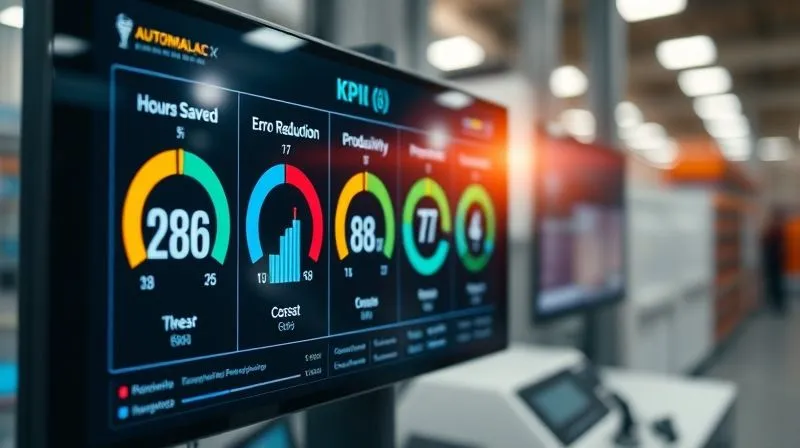 A photorealistic, professional photography of a sleek digital dashboard displaying key performance indicators (KPIs) for automation ROI: 'Hours Saved', 'Error Reduction', 'Productivity Increase', and 'Cost Savings'. The numbers are clearly visible and positive. Cinematic lighting, sharp focus on the dashboard, depth of field blurring a serene background of a nomad working, 8K hyper-detailed, shot on a high-end DSLR.
