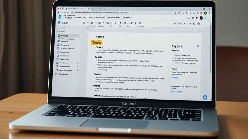 A highly organized digital meeting agenda template visible on a Google Docs interface on a laptop screen, with key sections highlighted (e.g., Purpose, Topics, Action Items), cinematic lighting, professional photography, 8K, sharp focus.