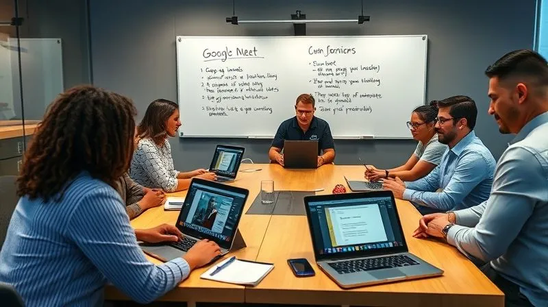 A diverse group of professionals engaged in a productive, focused meeting around a modern conference table, with laptops open displaying Google Meet and Google Docs interfaces. A whiteboard visible in the background with clear action items and positive affirmations. The atmosphere is collaborative, efficient, and respectful. Professional photography, 8K, cinematic lighting, sharp focus.