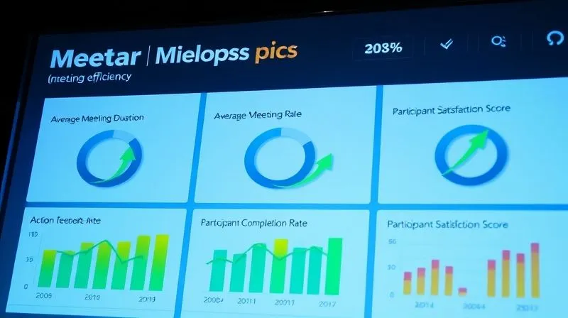 A clear and modern digital dashboard displaying key performance indicators (KPIs) related to meeting efficiency, showing positive trends. Metrics like 'Average Meeting Duration', 'Action Item Completion Rate', and 'Participant Satisfaction Score' are prominently featured with green upward arrows, indicating significant improvement. Professional photography, 8K, cinematic lighting, sharp focus on the data.