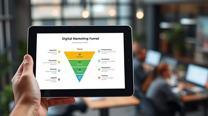 A photorealistic, professional photography, 8K, cinematic lighting, sharp focus, depth of field, shot on a high-end DSLR, showing a clean, modern digital marketing funnel diagram on a tablet screen, held by a hand with a blurred background of a bustling co-working space, symbolizing efficient sales processes for digital nomads.