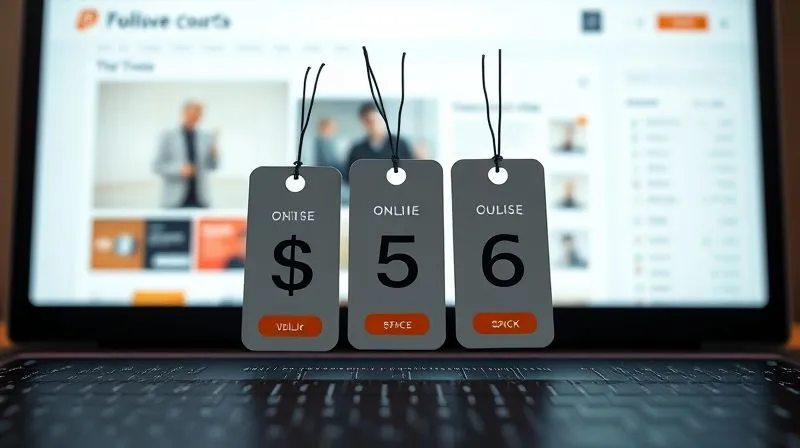 A photorealistic, professional photography, 8K, cinematic lighting, sharp focus, depth of field, shot on a high-end DSLR, showing three distinct price tags or product packages on a stylized digital display, each with increasing value and price, against a blurred background of a modern, minimalist e-commerce interface, symbolizing strategic pricing tiers for online courses.