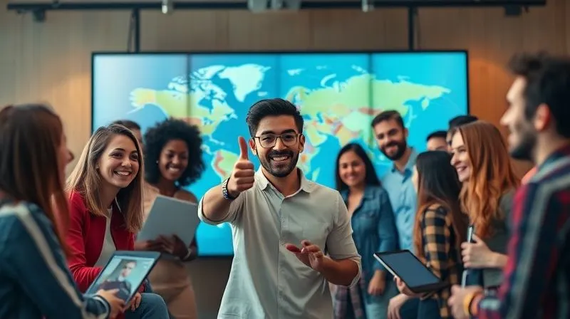 A photorealistic, professional photography, 8K, cinematic lighting, sharp focus, depth of field, shot on a high-end DSLR, showing a diverse group of happy digital nomads interacting virtually on a large screen, with one central figure giving a thumbs-up, symbolizing a thriving online community and positive word-of-mouth for an online course, with subtle digital lines connecting them globally.