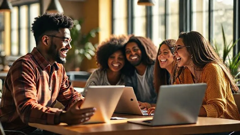 A photorealistic image of diverse digital nomads collaborating and laughing in a vibrant co-working space, with laptops open, bathed in warm, natural light. Cinematic lighting, sharp focus, depth of field, 8K, shot on a high-end DSLR.