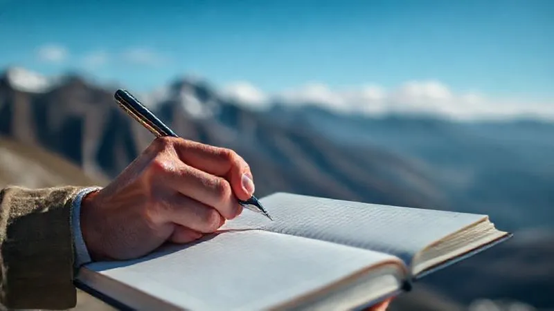 A photorealistic image of a person's hands meticulously writing down goals in a sleek notebook, with a blurred background of a scenic mountain landscape, symbolizing clarity and direction amidst adventure. Cinematic lighting, sharp focus on the hands and notebook, depth of field, 8K, shot on a high-end DSLR.