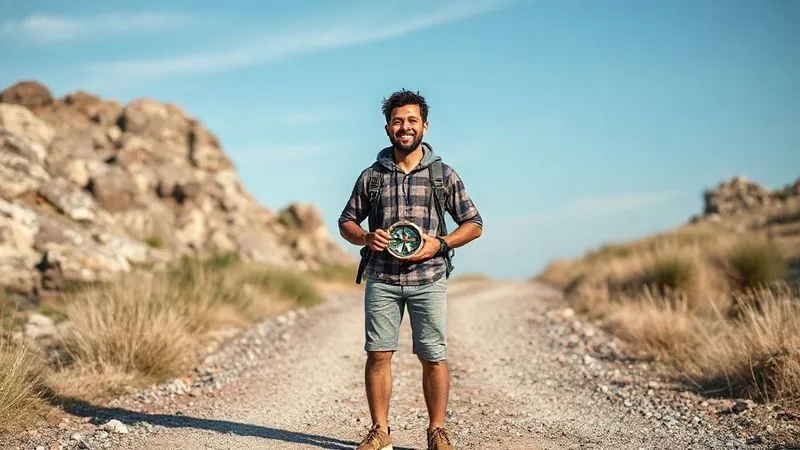A photorealistic image of a digital nomad, smiling confidently, standing at a crossroads of two paths – one challenging and rocky, the other clear and inviting – symbolizing resilience and choice. The nomad holds a compass, looking forward. Cinematic lighting, sharp focus, depth of field, 8K, shot on a high-end DSLR.