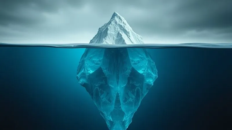 A photorealistic, professional photography, 8K, cinematic lighting, sharp focus, depth of field, shot on a high-end DSLR, depicting a stylized iceberg with a small visible tip above the water and a vast, intricate submerged base. The tip represents 'Behavior and Norms', while the submerged base is labeled 'Cultural Values, Beliefs, and Assumptions'. The water line is blurry, creating a sense of hidden depth, with subtle ripples. The lighting is dramatic, emphasizing the hidden aspects.