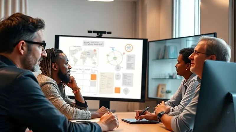 A photorealistic, professional photography, 8K, cinematic lighting, sharp focus, depth of field, shot on a high-end DSLR, showing a diverse group of remote team members on a video conference call, each with thoughtful expressions, actively listening and engaging. Their screens show a collaborative digital whiteboard filled with sticky notes and diagrams, illustrating ideas and cultural concepts, with a warm, inviting glow.