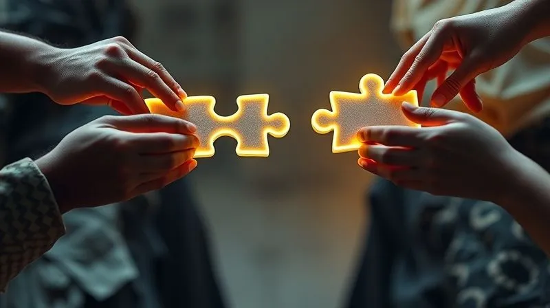 A photorealistic, professional photography, 8K, cinematic lighting, sharp focus, depth of field, shot on a high-end DSLR, depicting a group of diverse hands, each representing a different culture with subtle patterns or skin tones, collaboratively fitting together intricately shaped, glowing puzzle pieces to form a strong, illuminated bridge spanning a gentle chasm. The background is softly blurred, suggesting a global, interconnected environment, with a sense of unity and achievement.
