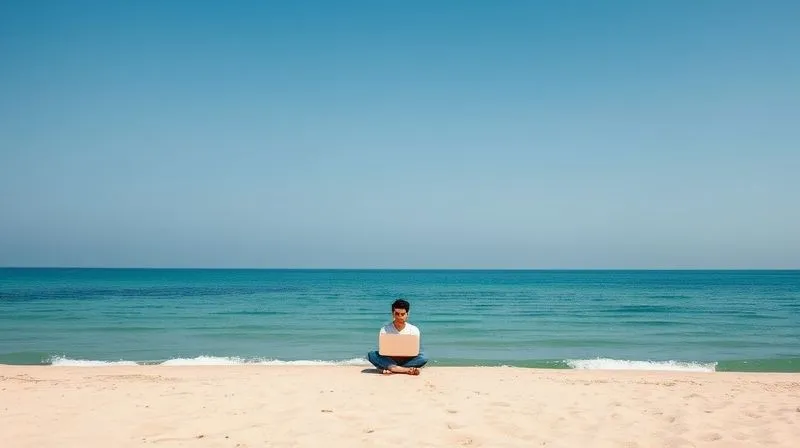A photorealistic image of a lone person with a laptop on a beach, looking contemplative and slightly isolated, with a vast, empty ocean stretching out before them. The person is small in the frame, emphasizing solitude. Cinematic lighting, sharp focus on the person and laptop, depth of field blurring the distant horizon. 8K hyper-detailed, professional photography, shot on a high-end DSLR.