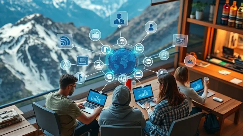 A photorealistic image of a vibrant, interconnected network of digital learning tools and platforms floating as holographic interfaces around a diverse group of nomadic professionals, each using a laptop or tablet in different scenic locations (e.g., a mountain cabin, a co-working space in a city, a cafe). The interfaces show graphs, video calls, and e-learning modules. Cinematic lighting, sharp focus on the central network, depth of field blurring the individual backgrounds. 8K hyper-detailed, professional photography, shot on a high-end DSLR.