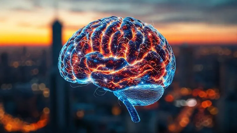 A photorealistic image of a digital brain, with some neural pathways glowing bright and organized, while others are tangled, dim, and overlapping, symbolizing data chaos versus clarity. The background is a blurred, vibrant cityscape at sunset, hinting at a global, nomadic lifestyle. Cinematic lighting, sharp focus on the brain, depth of field. Shot on a high-end DSLR, 8K hyper-detailed, professional photography.