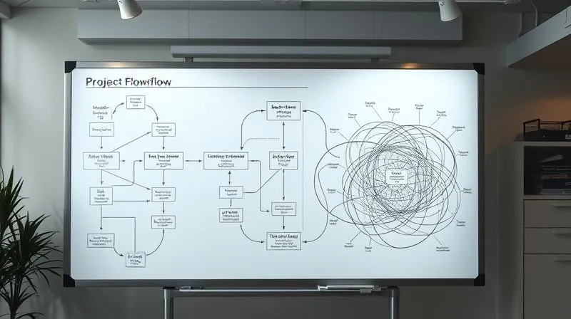 Photorealistic, professional photography, 8K, cinematic lighting, sharp focus, depth of field, shot on a high-end DSLR. A detailed, clean flowchart with glowing arrows illustrating a smooth project workflow, contrasting with a tangled, dark section representing a bottleneck. The scene is set on a digital whiteboard in a modern, minimalist workspace.