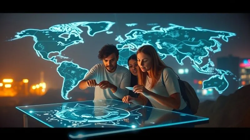 Photorealistic, professional photography, 8K, cinematic lighting, sharp focus, depth of field, shot on a high-end DSLR. A diverse group of digital nomads, each in a different iconic global location (e.g., Bali beach, Parisian cafe, mountain cabin), collaboratively working on a glowing holographic project board, connected by light beams. Represents seamless global collaboration.