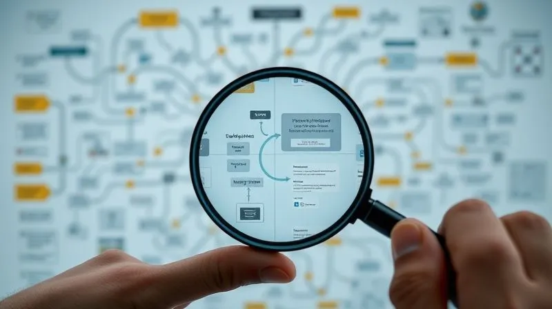 Photorealistic, professional photography, 8K, cinematic lighting, sharp focus, depth of field, shot on a high-end DSLR. A hand holding a magnifying glass over a complex, intertwining digital workflow diagram, highlighting areas for improvement, with a background of a gradually simplifying and optimizing process. Cinematic lighting, sharp focus on the magnifying glass and diagram.