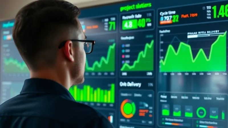 Photorealistic, professional photography, 8K, cinematic lighting, sharp focus, depth of field, shot on a high-end DSLR. A vibrant, interactive digital dashboard displaying various project KPIs (cycle time, rework rate, on-time delivery) with green upward trends, being viewed by a focused digital nomad. The screen shows clear, actionable insights.