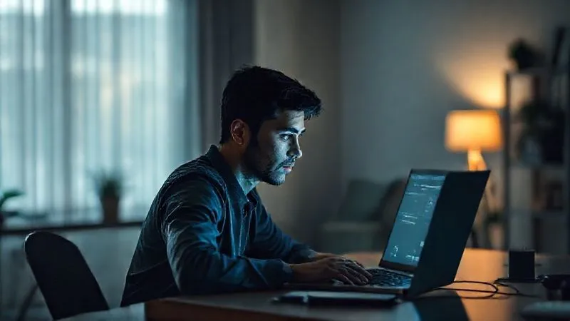 A photorealistic image of a lone person at a desk, looking at a laptop screen with a thoughtful, slightly melancholic expression, surrounded by subtle digital lines that symbolize distance and isolation. The background is a blurred, modern home office. Professional photography, 8K, cinematic lighting, sharp focus on the person, depth of field, shot on a high-end DSLR.