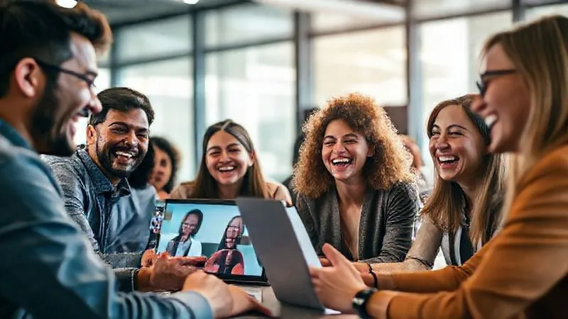 A photorealistic image of a diverse group of young professionals engaging in a lively virtual team-building activity, laughing and interacting enthusiastically on their individual screens. The atmosphere is bright and energetic, with a sense of shared connection despite the distance. Professional photography, 8K, cinematic lighting, sharp focus on the individual faces, depth of field, shot on a high-end DSLR.