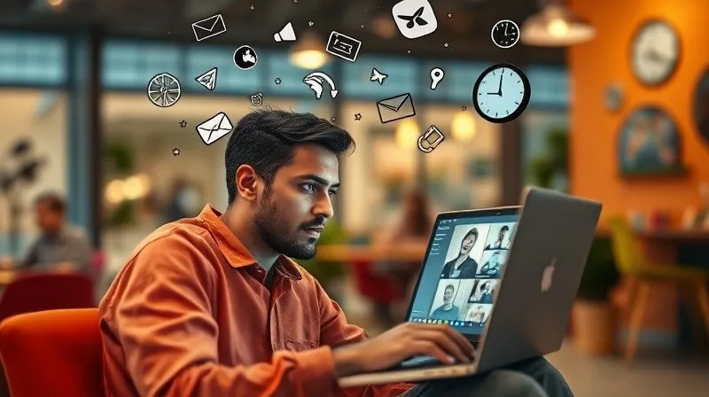 Photorealistic image of a digital nomad sitting in a vibrant co-working space, looking at a laptop screen with a webinar open. Around their head, subtle, ethereal representations of various distractions like social media icons, travel bookings, and a clock are floating, symbolizing the dispersed attention. The nomad's expression shows a slight struggle to focus, while the laptop screen glows with an engaging, interactive webinar interface. Cinematic lighting, sharp focus on the nomad, depth of field blurring the background, 8K hyper-detailed.