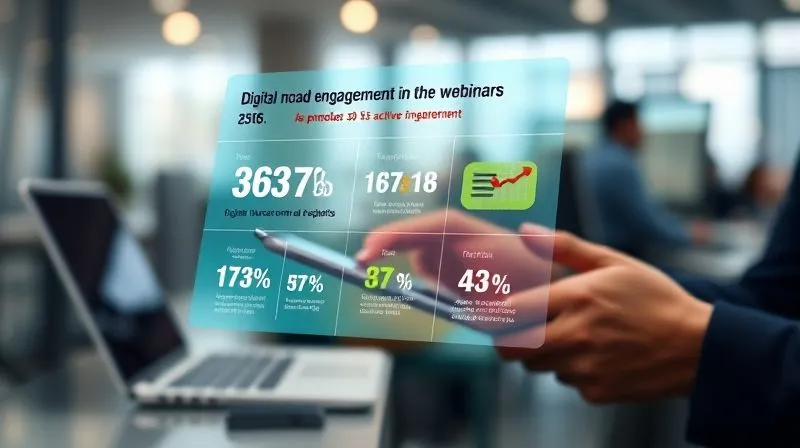A photorealistic, vibrant infograph floating in a modern digital space, displaying key statistics about digital nomad engagement in webinars. The infograph uses bold, clear icons and a clean layout, with bright colors. In the background, subtly blurred, are hands interacting with a tablet and a laptop, suggesting active learning. Cinematic lighting, sharp focus on the infograph, depth of field, 8K hyper-detailed.