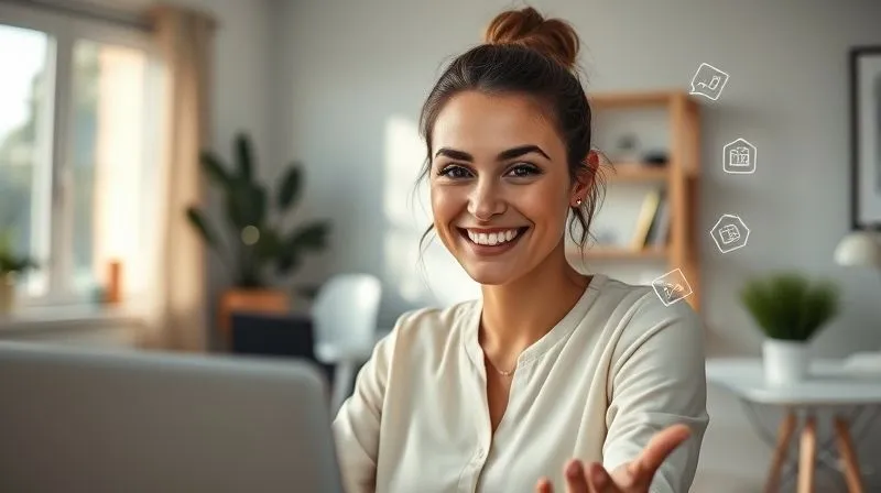Photorealistic image of a charismatic female webinar host, mid-presentation, smiling confidently and making eye contact with the camera. She is surrounded by a subtle, glowing aura of engagement, with dynamic, minimalist graphics floating around her, representing key concepts being discussed. The background is a clean, modern home office setup, well-lit with natural light. Cinematic lighting, sharp focus on the host, depth of field blurring the background, 8K hyper-detailed.