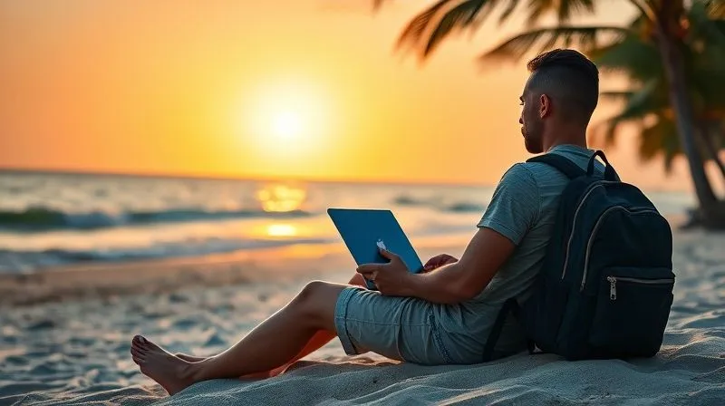 A photorealistic image of a person sitting on a beach, working on a laptop with a serene expression, a backpack beside them, symbolizing freedom and learning. The sun is setting, casting warm cinematic light. Sharp focus on the person, depth of field blurring the ocean and palm trees. 8K hyper-detailed, shot on a high-end DSLR.