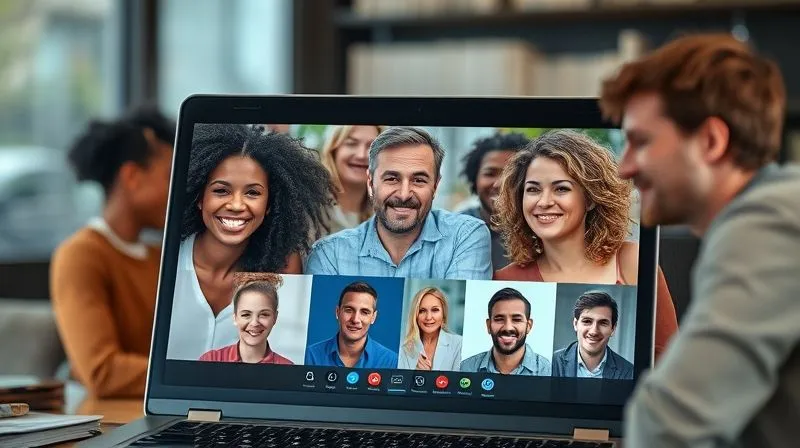 A photorealistic image of a diverse group of people from different parts of the world (represented by subtle background elements like different landmarks blurred in the distance) engaged in a vibrant video conference call on a laptop screen. They are smiling, interacting, and creating a sense of global community. Cinematic lighting, sharp focus on the faces on screen, depth of field blurring the immediate surroundings. 8K hyper-detailed, shot on a high-end DSLR.