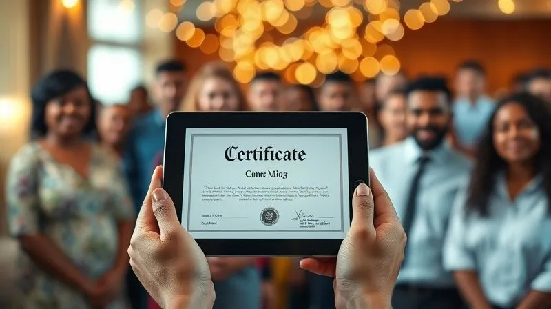 A photorealistic image of a digital certificate displayed on a tablet held by hands, with a blurred background of a celebratory gathering of diverse people. The certificate has a sleek, modern design. Cinematic lighting, sharp focus on the certificate, depth of field blurring the background. 8K hyper-detailed, shot on a high-end DSLR.