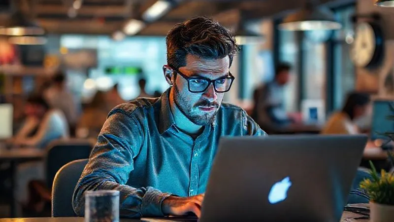 A photorealistic image of a digital nomad looking stressed at a laptop, surrounded by blurred distractions in a bustling co-working space, with a clock showing an inconvenient time zone. Cinematic lighting, sharp focus on the nomad's face, depth of field. 8K hyper-detailed, professional photography, shot on a high-end DSLR.