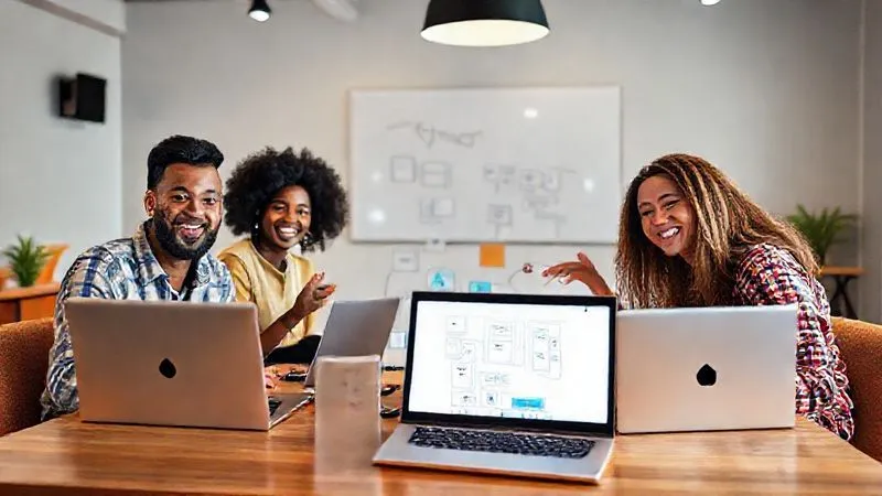 A photorealistic image of a vibrant virtual workshop breakout room, with four diverse digital nomads actively collaborating on a digital whiteboard (Miro-like interface) on their individual laptops, smiling and gesturing. Cinematic lighting, sharp focus on their screens and faces. 8K hyper-detailed, professional photography, shot on a high-end DSLR.