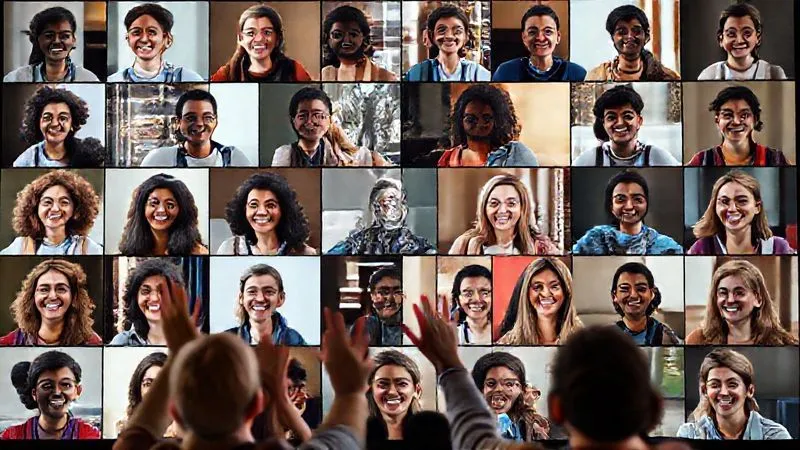 A photorealistic image of a vibrant online community event, with a mosaic of smiling, diverse digital nomads' faces on screen, all actively participating in a discussion, some raising hands virtually. A central facilitator is engaging with enthusiasm. Cinematic lighting, sharp focus. 8K hyper-detailed, professional photography, shot on a high-end DSLR.