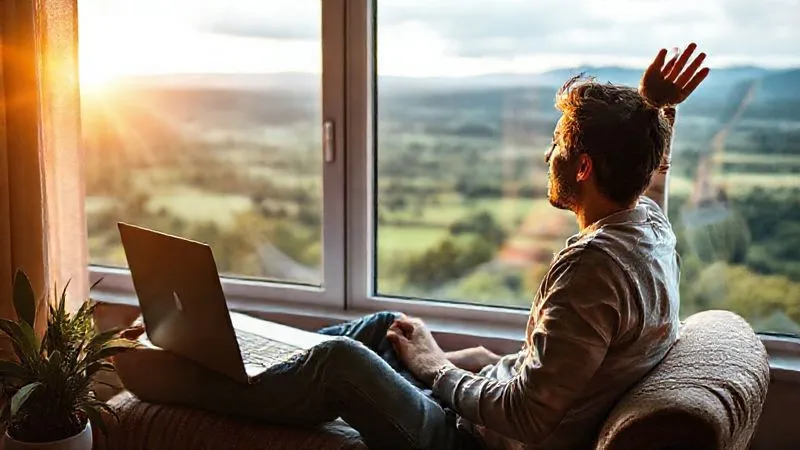 A photorealistic image of a digital nomad taking a mindful break from a laptop, stretching and looking out a window at a beautiful landscape, emphasizing well-being and avoiding burnout. Cinematic lighting, sharp focus, depth of field. 8K hyper-detailed, professional photography, shot on a high-end DSLR.