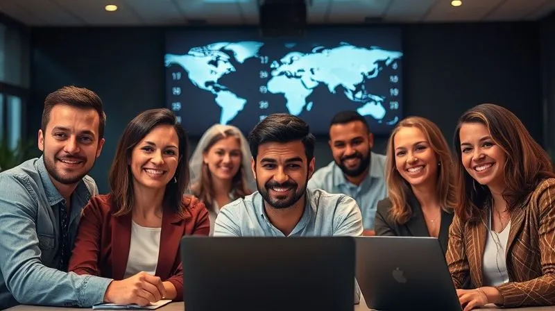 A photorealistic image of a diverse group of remote workers from different time zones, smiling and collaborating effectively on a video call, with a digital clock showing various global times in the background. Professional photography, 8K, cinematic lighting, sharp focus, depth of field, shot on a high-end DSLR.