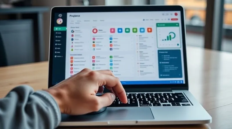 A photorealistic image of a modern, sleek dashboard on a laptop screen, displaying various integrated project management and communication tools (e.g., icons for Slack, Asana, Google Docs) seamlessly connected. A hand hovers over a mouse, suggesting interaction. Professional photography, 8K, cinematic lighting, sharp focus, depth of field, shot on a high-end DSLR.