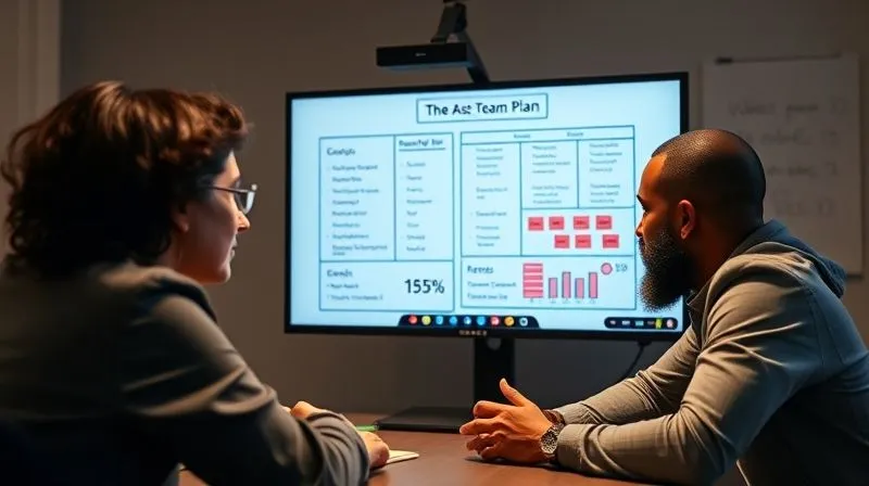 A photorealistic image of a team leader and a remote team member (diverse individuals) having a constructive one-on-one video call, with a digital whiteboard in the background showing a clear action plan and metrics. Professional photography, 8K, cinematic lighting, sharp focus on their faces and the screen, depth of field, shot on a high-end DSLR.