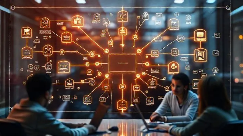 Photorealistic image of a complex digital workflow diagram being streamlined and simplified by glowing lines connecting various application icons on a futuristic transparent screen, surrounded by a focused remote team collaborating virtually. Sharp focus on the central diagram with depth of field, 8K hyper-detailed, professional photography, cinematic lighting.