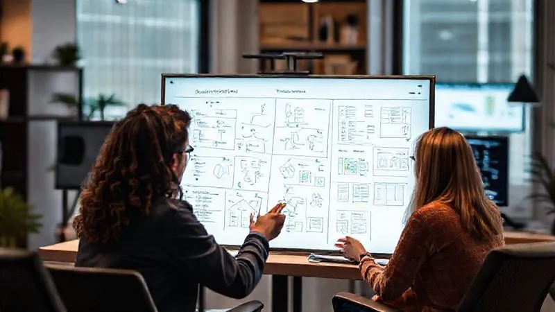 Photorealistic image of a diverse remote team collaboratively working on a digital whiteboard, sketching out integration flows and testing an iPaaS platform during a Proof of Concept (POC). Screens show data flows and dashboards. Cinematic lighting, sharp focus on the collaborative activity, depth of field blurring the background of their individual home offices. 8K hyper-detailed, professional photography, shot on a high-end DSLR.