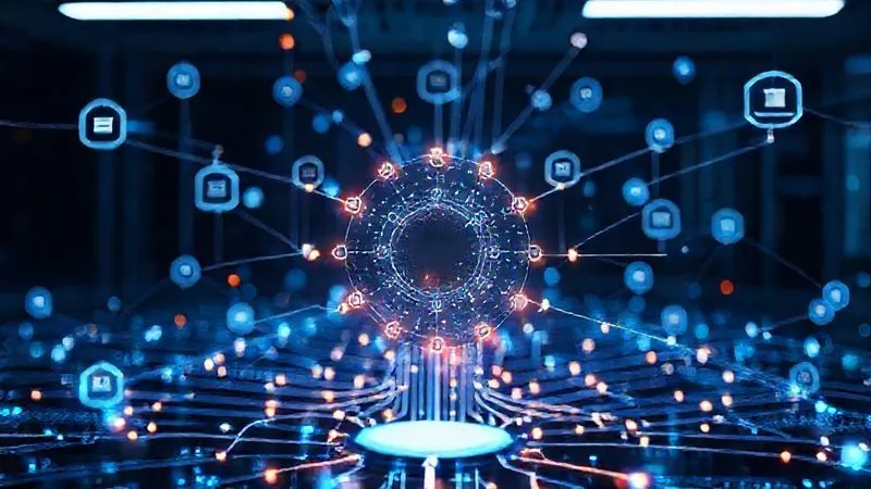 Photorealistic image of a futuristic, glowing network of interconnected digital systems, with data streams flowing seamlessly between holographic application icons, overseen by a subtle, intelligent AI interface. The scene is set in a sleek, minimalist remote workspace, emphasizing advanced automation and efficiency. Cinematic lighting, sharp focus on the central network, depth of field blurring the background. 8K hyper-detailed, professional photography, shot on a high-end DSLR.