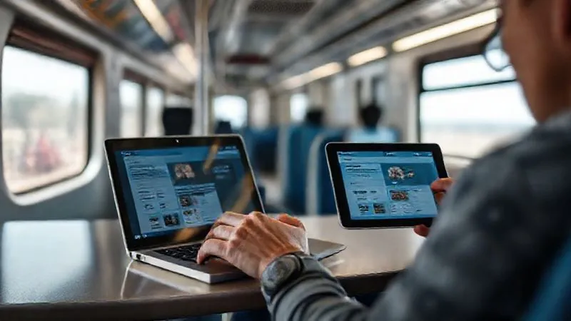 A photorealistic image of a person seamlessly switching between a laptop, tablet, and smartphone, all displaying a consistent online learning interface, in a dynamic, global setting (e.g., train, cafe, beach). Cinematic lighting, sharp focus on the devices and user, depth of field blurring the background, 8K hyper-detailed, professional photography.