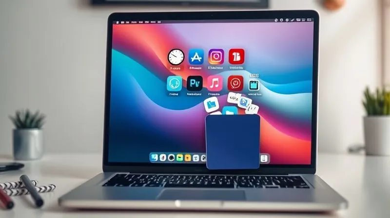 A photorealistic image showing a digital nomad's laptop screen with various app icons being dragged into a "recycle bin" or "uninstall" folder, symbolizing a digital cleanup. The background is a clean, organized desk with minimal distractions. Cinematic lighting, sharp focus on the screen, depth of field, 8K hyper-detailed, professional photography, shot on a high-end DSLR.