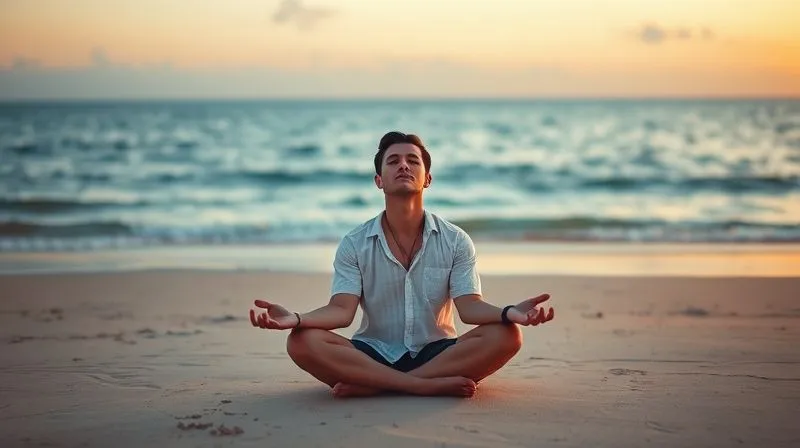 A photorealistic image of a digital nomad sitting on a serene beach at sunset, meditating with eyes closed. There are no electronic devices visible. The focus is on peace and disconnection, with warm, golden cinematic lighting, sharp focus on the person, depth of field blurring the ocean, 8K hyper-detailed, professional photography, shot on a high-end DSLR.