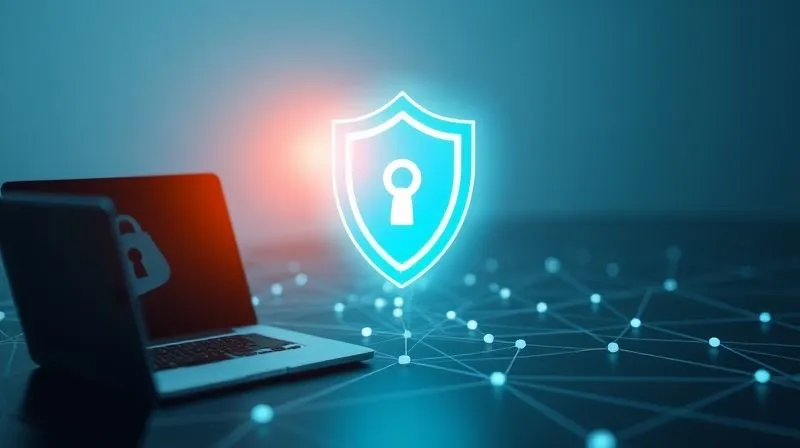 A photorealistic image depicting a secure digital environment. A glowing shield icon overlaid on a network of interconnected devices (laptop, phone, tablet) in a minimalist setting. Data streams are represented as secure, encrypted lines. Cinematic lighting, sharp focus on the shield and devices, depth of field, 8K hyper-detailed, professional photography, shot on a high-end DSLR.