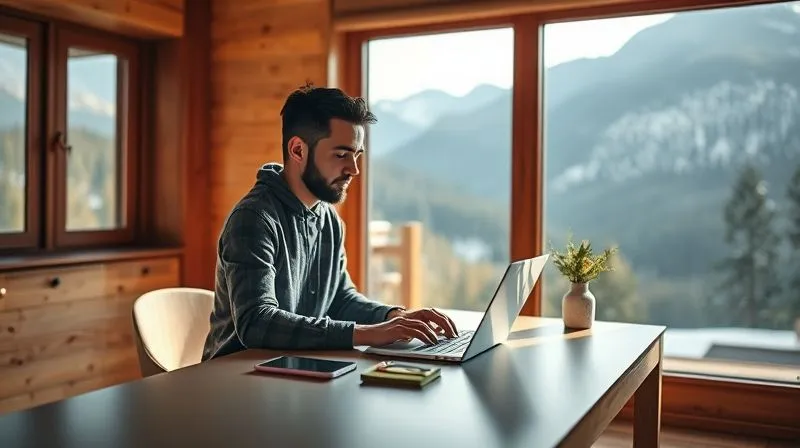 A photorealistic image of a digital nomad working efficiently and calmly on a single laptop in a beautiful, uncluttered natural setting (e.g., a modern cabin with large windows overlooking mountains). The desk is clean, minimalist, and bathed in soft, natural light, symbolizing focused productivity and freedom. Cinematic lighting, sharp focus on the nomad and laptop, depth of field blurring the background, 8K hyper-detailed, professional photography, shot on a high-end DSLR.