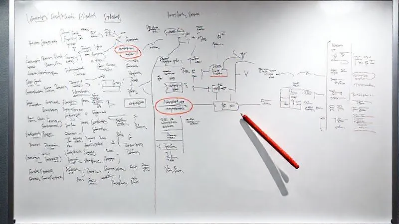 A photorealistic image of a whiteboard filled with a complex, handwritten workflow diagram, with a red pen circling repetitive tasks, gradually transforming into a cleaner, simplified digital flowchart projected onto the whiteboard, symbolizing the process of identifying and automating inefficiencies. Cinematic lighting, sharp focus on the diagrams, depth of field, 8K hyper-detailed.