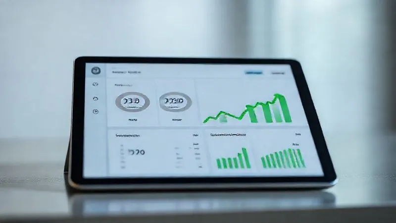 A photorealistic image of a sleek, minimalist dashboard display on a tablet, showing clear, easy-to-read metrics like 'Time Saved', 'Error Reduction', and 'Conversion Rate' with green upward trend arrows, reflecting successful automation optimization. Cinematic lighting, sharp focus on the tablet screen, depth of field, 8K hyper-detailed.