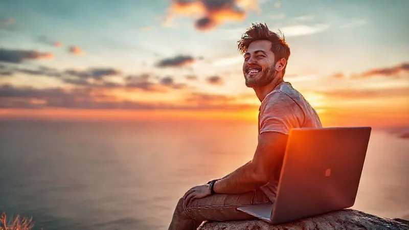 A photorealistic image of a digital nomad, mid-20s, with a relaxed, joyful expression, sitting on a cliff overlooking a breathtaking sunset over the ocean, laptop closed beside them. The scene emphasizes freedom, tranquility, and the joy of travel, with subtle, glowing digital lines originating from the closed laptop, extending towards the horizon, symbolizing a well-automated workflow enabling this lifestyle. Cinematic lighting, sharp focus on the nomad, depth of field, 8K hyper-detailed.